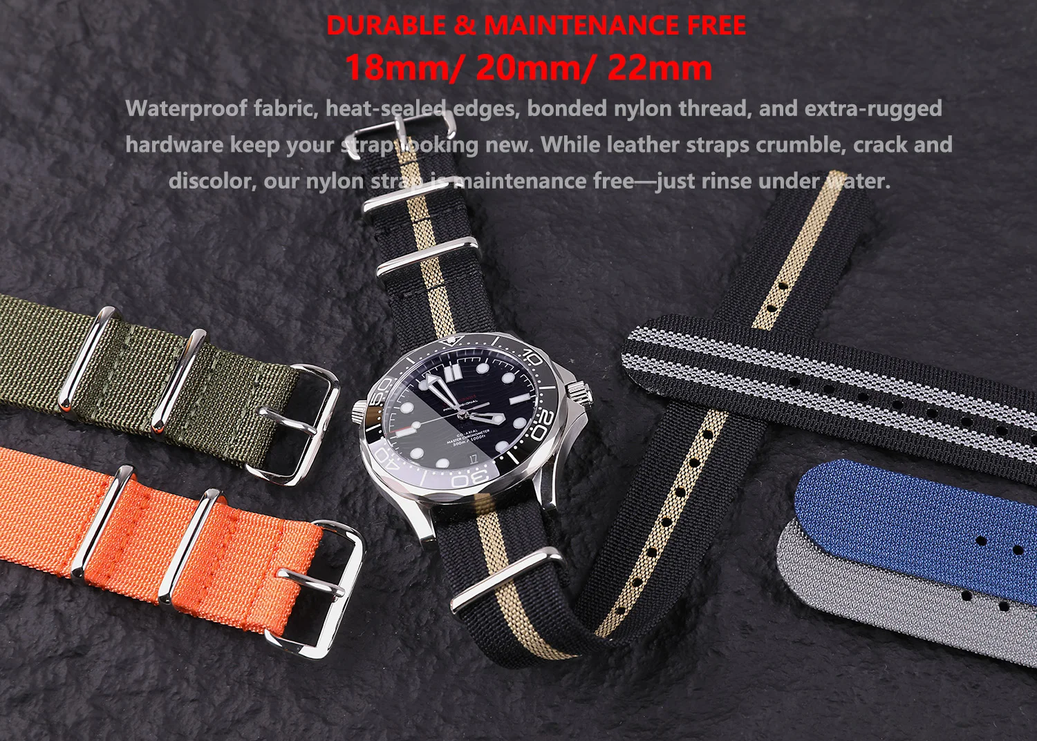 Comfortable Nylon Ribbed Military-Style Washable Watch Strap for Men