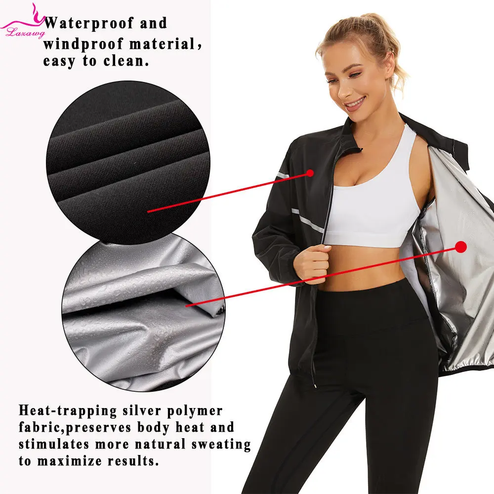 LAZAWG Sauna Jacket for Women Weight Loss Top Hot Sweat Long Sleeves Fitness Body Shaper Thermal Ladies Workout Top Sport Gym