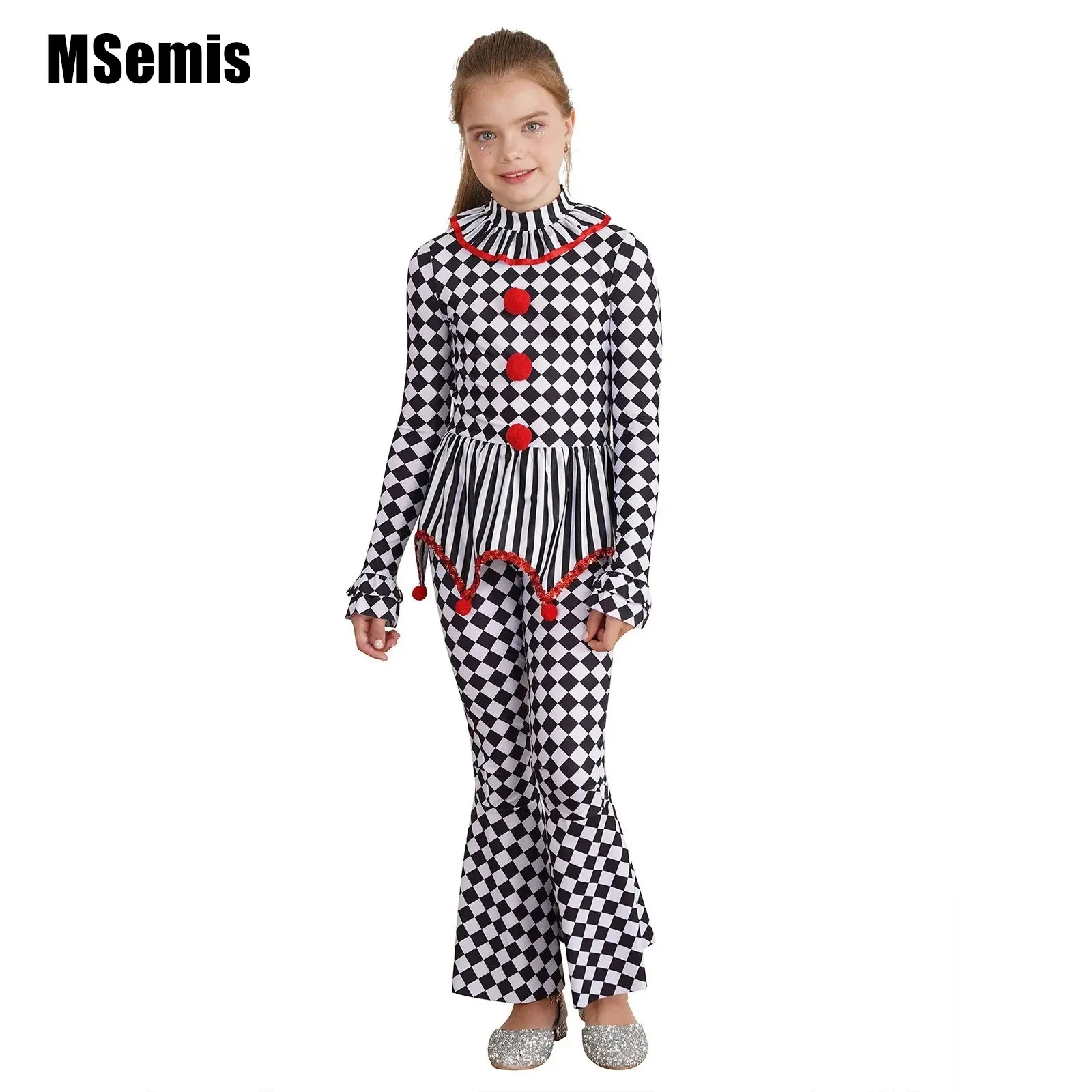 

Kids Girls Circus Clown Cosplay Costume Peplum Details Checkerboard Print Long Zipper Jumpsuit for Dress Up Carnival Performance