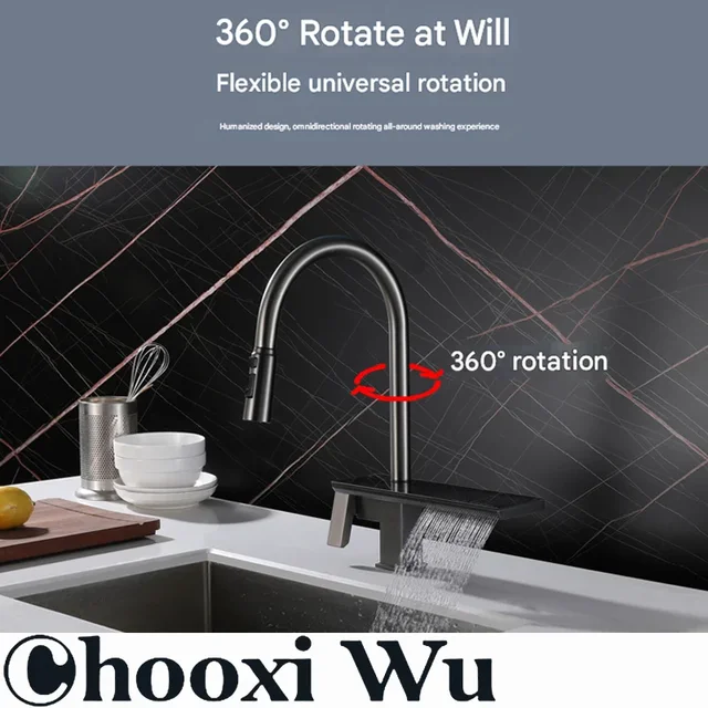 ก๊อกน้ำห้องครัวทองเหลืองสีเทาหรูหรา พร้อมหน้าจอดิจิตอล ดีไซน์แบบดึงออกได้ หัวน้ำแบบน้ำตก ควบคุมน้ำร้อน-น้ำเย็นแบบมือจับเดี่ยว 3