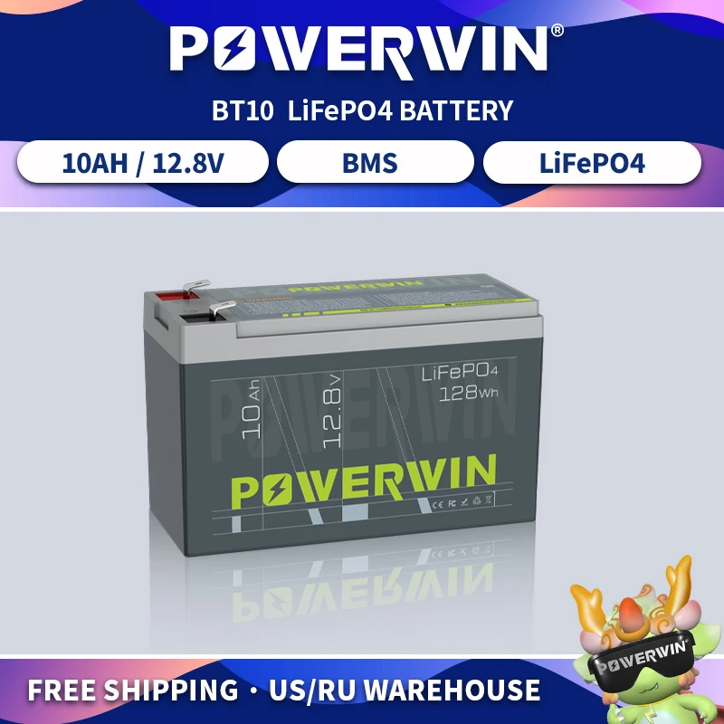12.8V 10Ah BT10 128Wh LiFePO4 Battery Built-in BMS Rechargeable Energy Electric Toy 4000+ Deep Cycle UPS Off-grid Solar