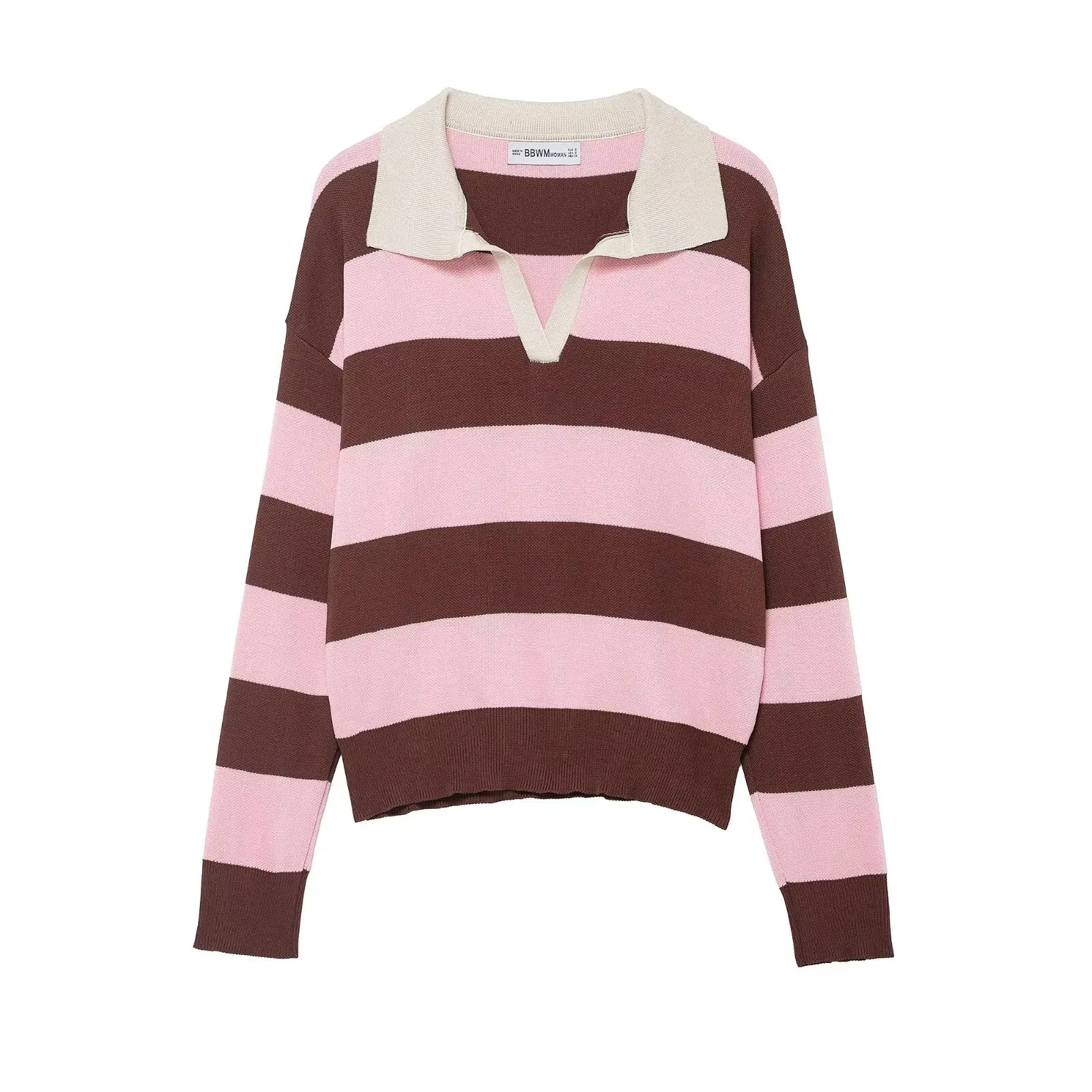 Women Striped Knitted Sweaters Lady Spring Autumn High Street Chic V-Collar Pullover Female Full Sleeve Vintage Style Polo Tops