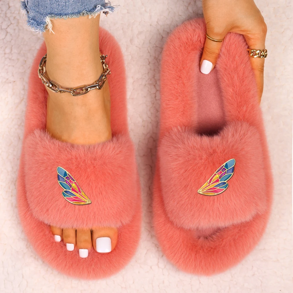 Slippers Women Fluffy Slides Colorful Wings Decor Luxury Designer Sandals Ladies Faux Fur Flip Flops Flat Slippers Furry Shoes