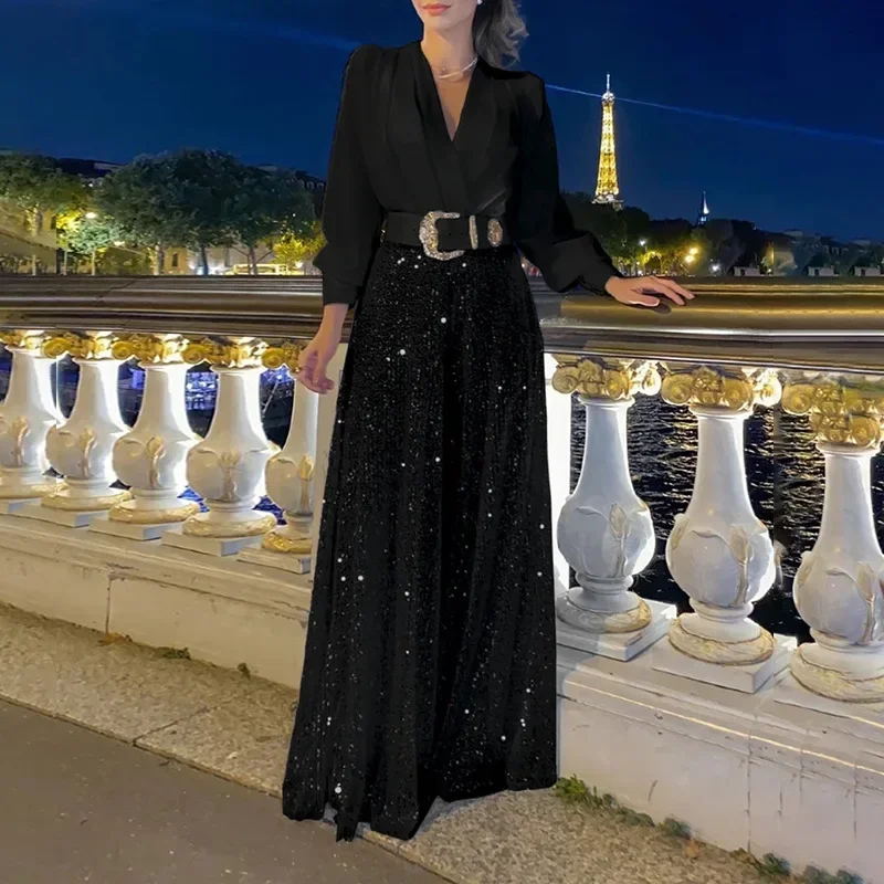 2024 Winter New Women's Jumpsuit Fashionable V-neck Long Sleeved Shirt Elegant And Slim Waist Slimming Sequin Wide Leg Jumpsuit