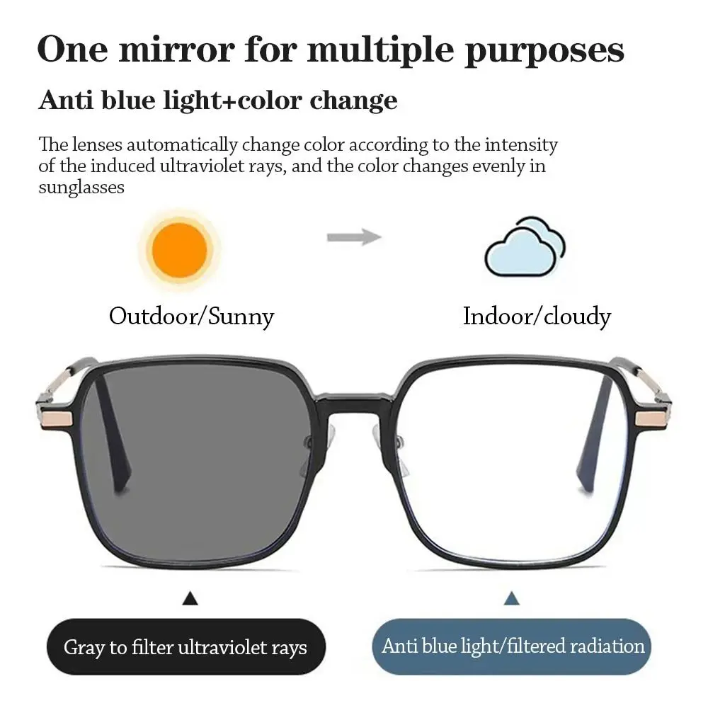 Ultralight Metal Square Eyeglasses with Anti-Blue Light and Photosensitive Lenses