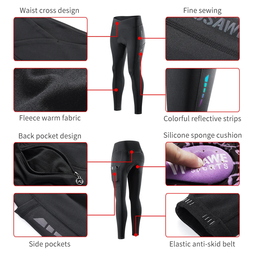 WOSAWE Women Cycling Trousers Winter Thermal Mountain Bike Long Pants Breathable Bicycle Tights 3D Gel Pad Shorts Keep Warm cycling pants