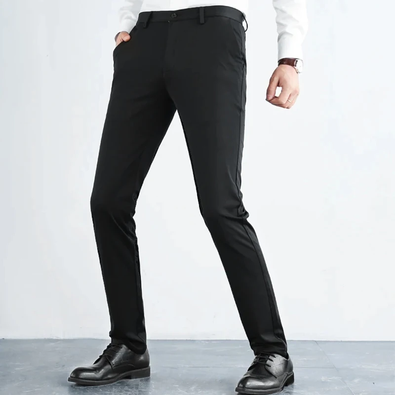 England Style Fashion Simple Elegant High Elastic Pants Men Solid Zipper Pocket Button Spring Straight Ice Silk Casual Trousers