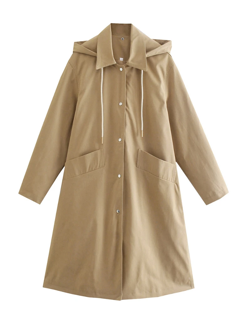 

FTLZZ New Spring Autumn Women Fashion Loose Hooded Long Trench Lady Casual High Street Single Breasted Solid Color Coat Jacket