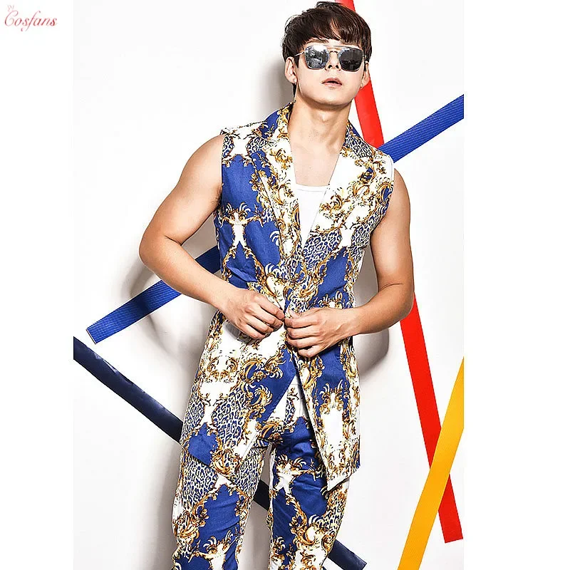 

Fashion Men Jazz Dance Slim Was Thin Costumes Leopard Print Suit CoatWear Man Sexy Stage Club Performance Clothing Vest+pant set