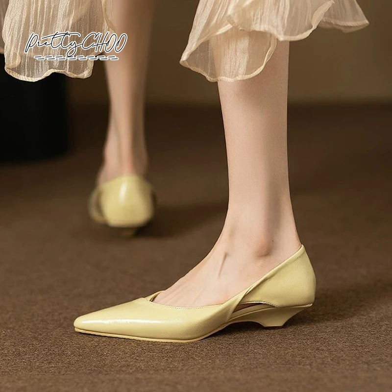 Brand Design Hollow Out Folded Heel Shoes Woman Soft Leatherette Point Toe Dress Shoes Ladies Comfort Office Zapatos in Blue 2