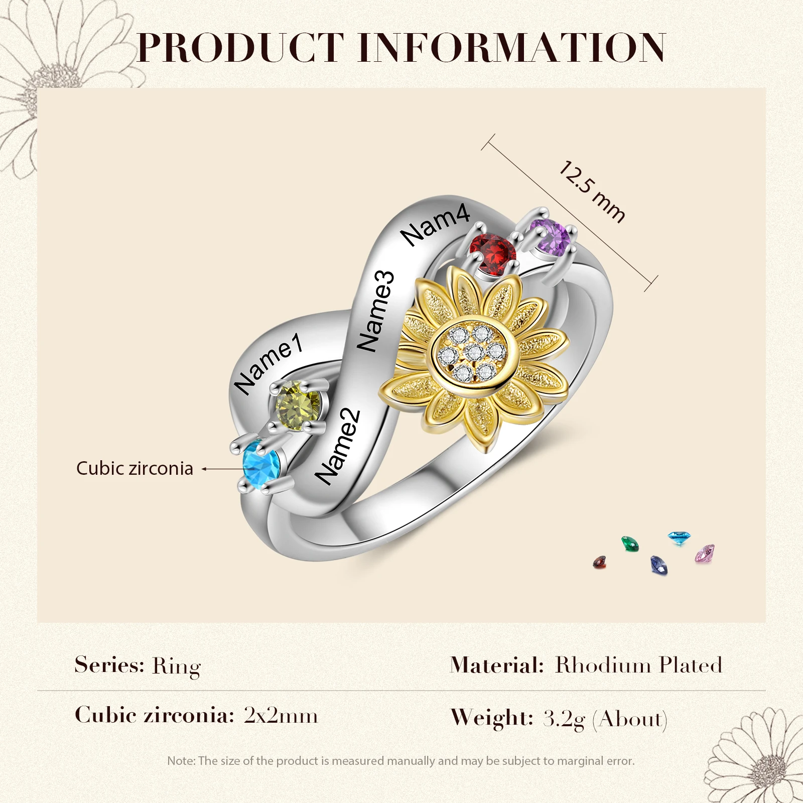 Personalized Infinity Sunflower Birthstone Rings 4 | Personalized Infinity Sunflower Birthstone Rings 3