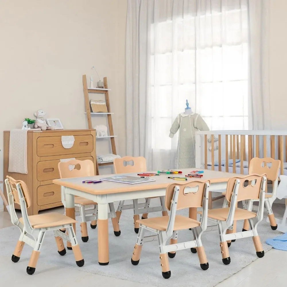 Kids Table and 6 Chairs Set, Height Adjustable Graffiti Table,Preschool Activity Art Craft Table,for Daycare Classroom Home Boys 3