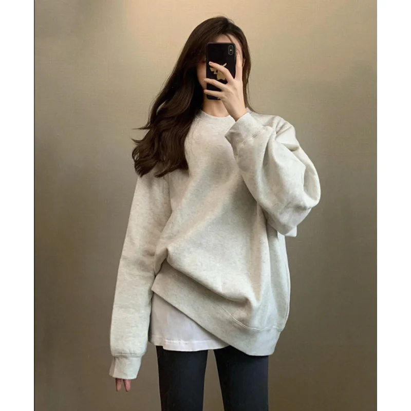 

Women's Clothing Pullover Round Neck Solid Color New Korean Version Baggy Plush Thick Pullover Top Without Cap Lazy 2023 Autumn