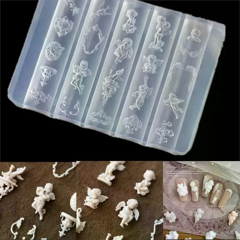 3D Relief Silicone Nail Molds - Angel Clock Heart Lock Templates, DIY Nail Art Decor Stamping Plates Manicure Design Tools