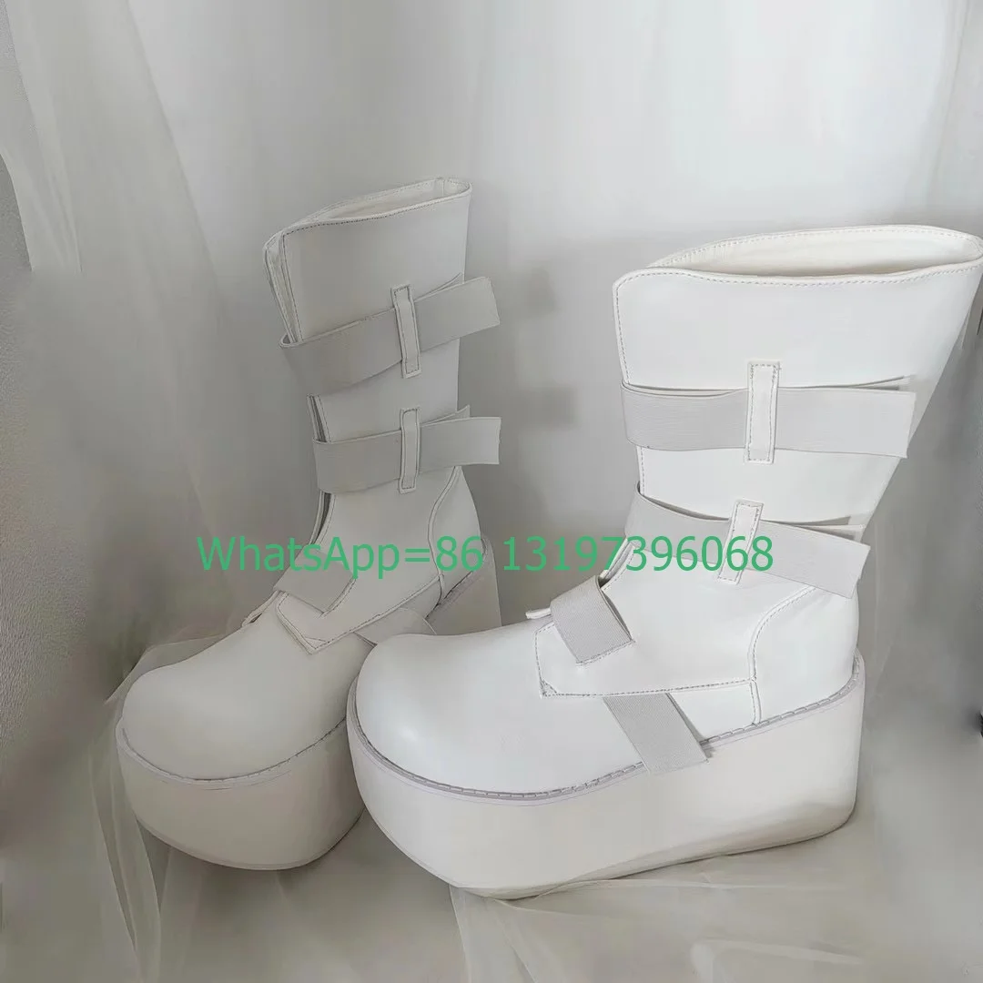 Lady White Stage Clown Shoes Performance Boots Platform Buckle Strap White Calf Boots T Show Mary Janes Boots Footwear Size 3346