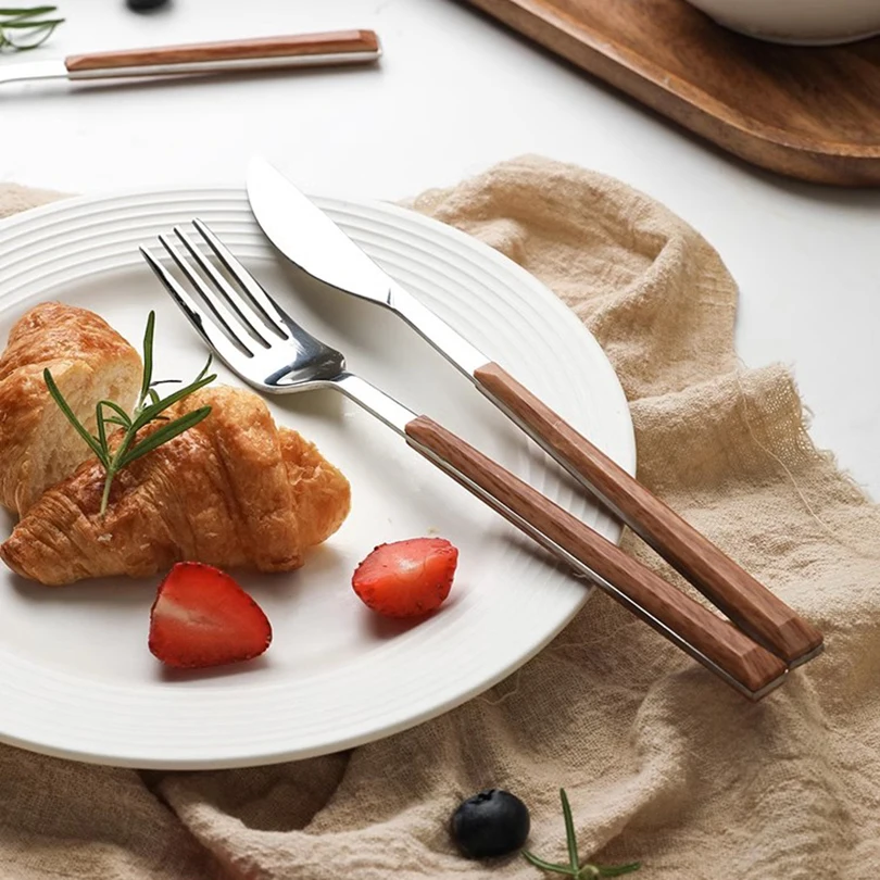 5PCS Stainless Steel Imitation Wooden Handle Cutlery Set Western Tableware Knife Fork Spoon Kitchen Flatware Set Dinnerware