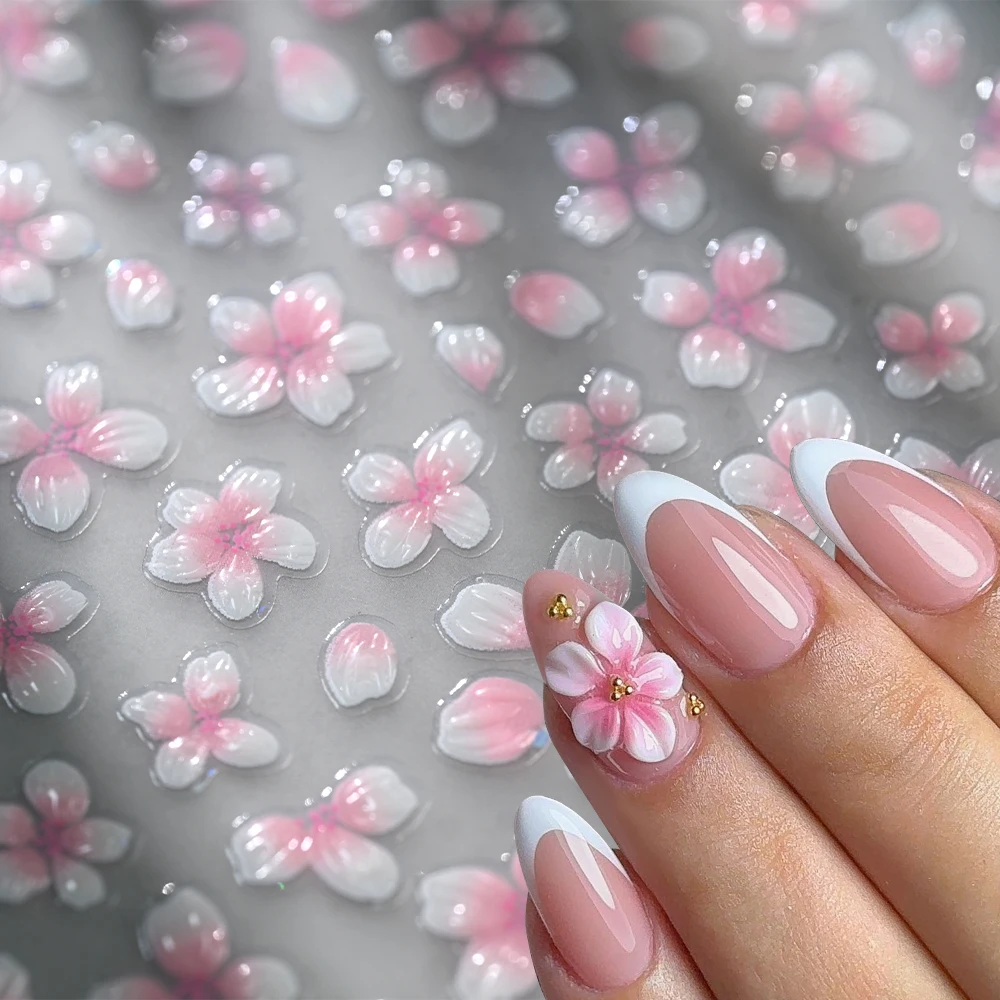 1Pc 핑크 화이트 백합 꽃 네일 스티커 봄 꽃잎 자체 접착 네일 슬라이더 DIY 그라데이션 꽃무늬 매니큐어 데칼
