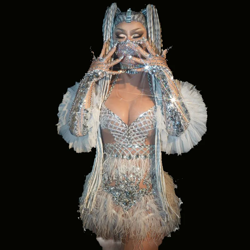 

Женское сексуальное сценическое блестящее Серебряное платье с блестками и страусиными перьями для празднования дня рождения, женское танцевальное платье