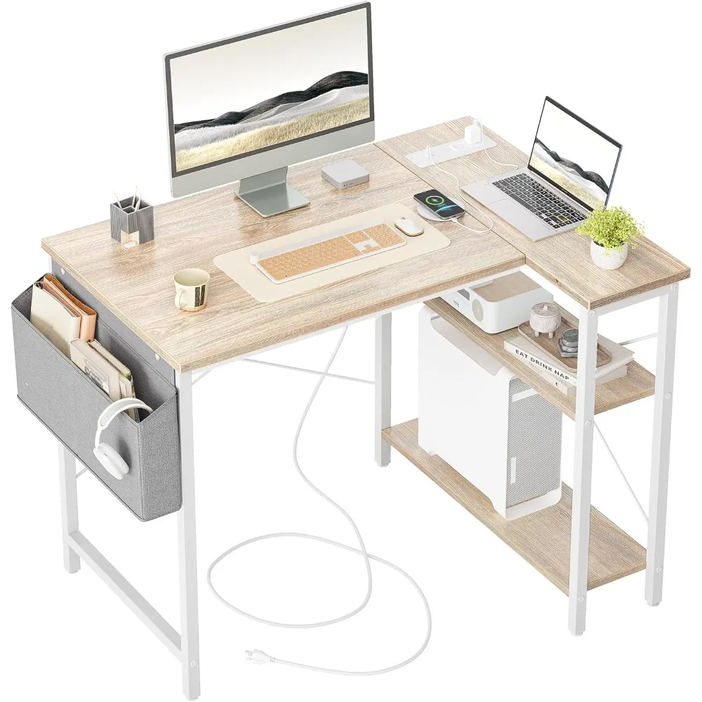 L Shaped Computer Desk with Power Outlets, 40 Inch Small Corner Desk with Reversible Shelves, Gaming Desk Computer Table Study