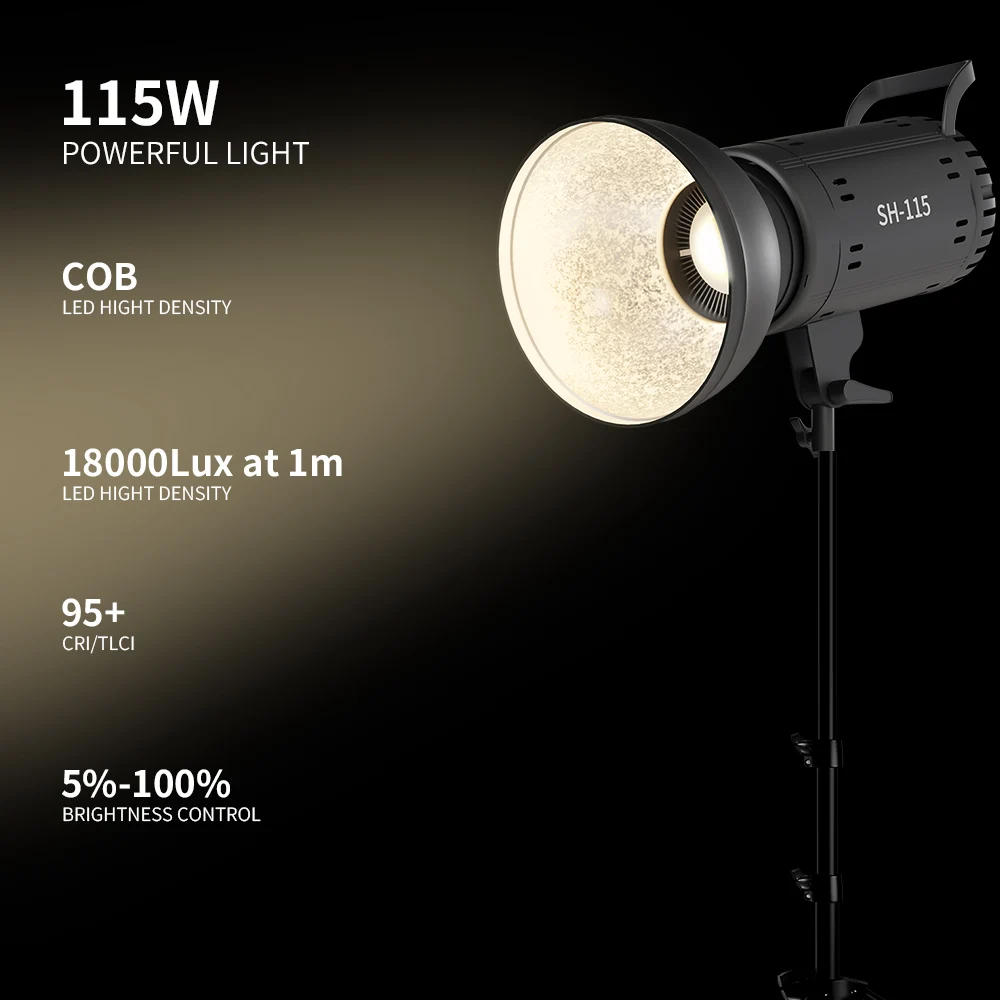 SH 115W 사진 Bowens COB 비디오 조명(원격 제어 포함) 3200-5600K 2색 온도 CRI95+ 일광 채우기 램프