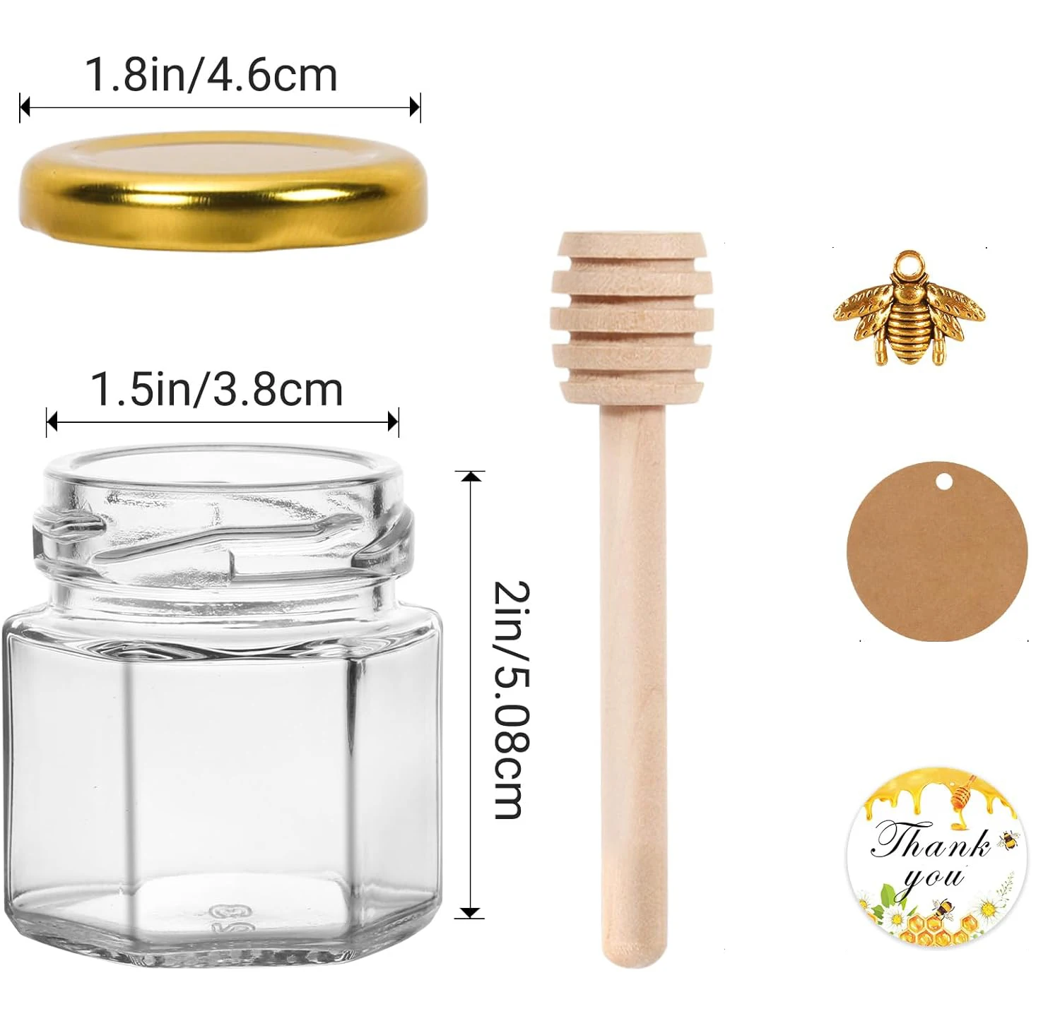 Mini Glass Honey Jar, Small Honey Container with Wooden Dipper, Bee Pendants, Stickers, Dishwasher Safe, Canning Jars 2