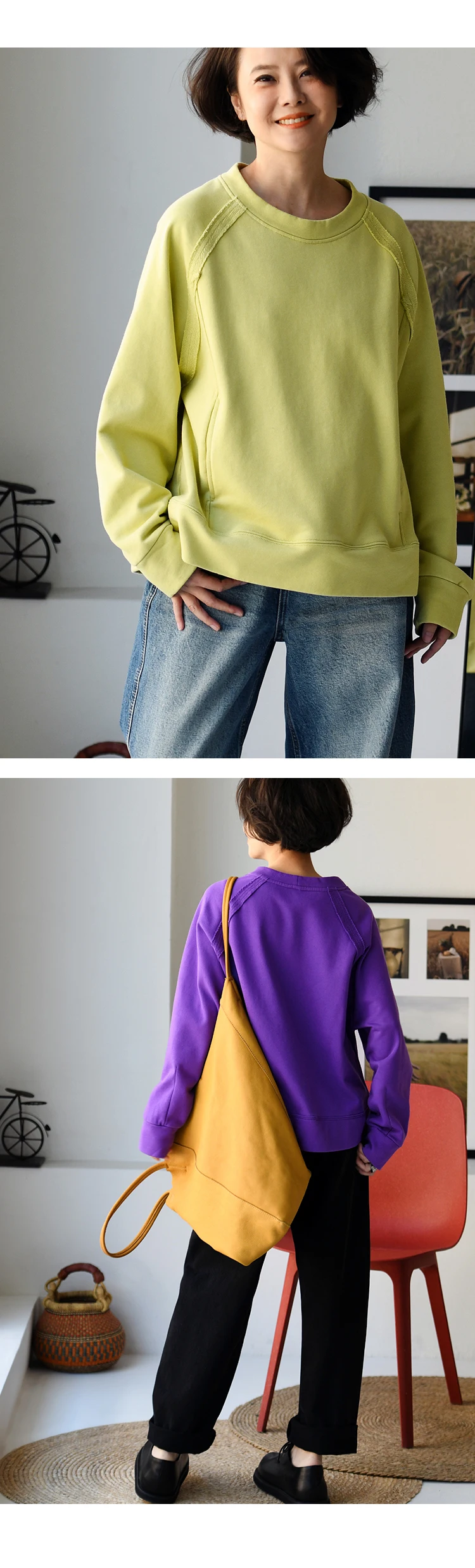 R67261 Korean Style Versatile Outer-Stitched Round Neck Raglan Sleeve Slimming Pure Cotton Pullover Sweatshirt for Women 25 Spring