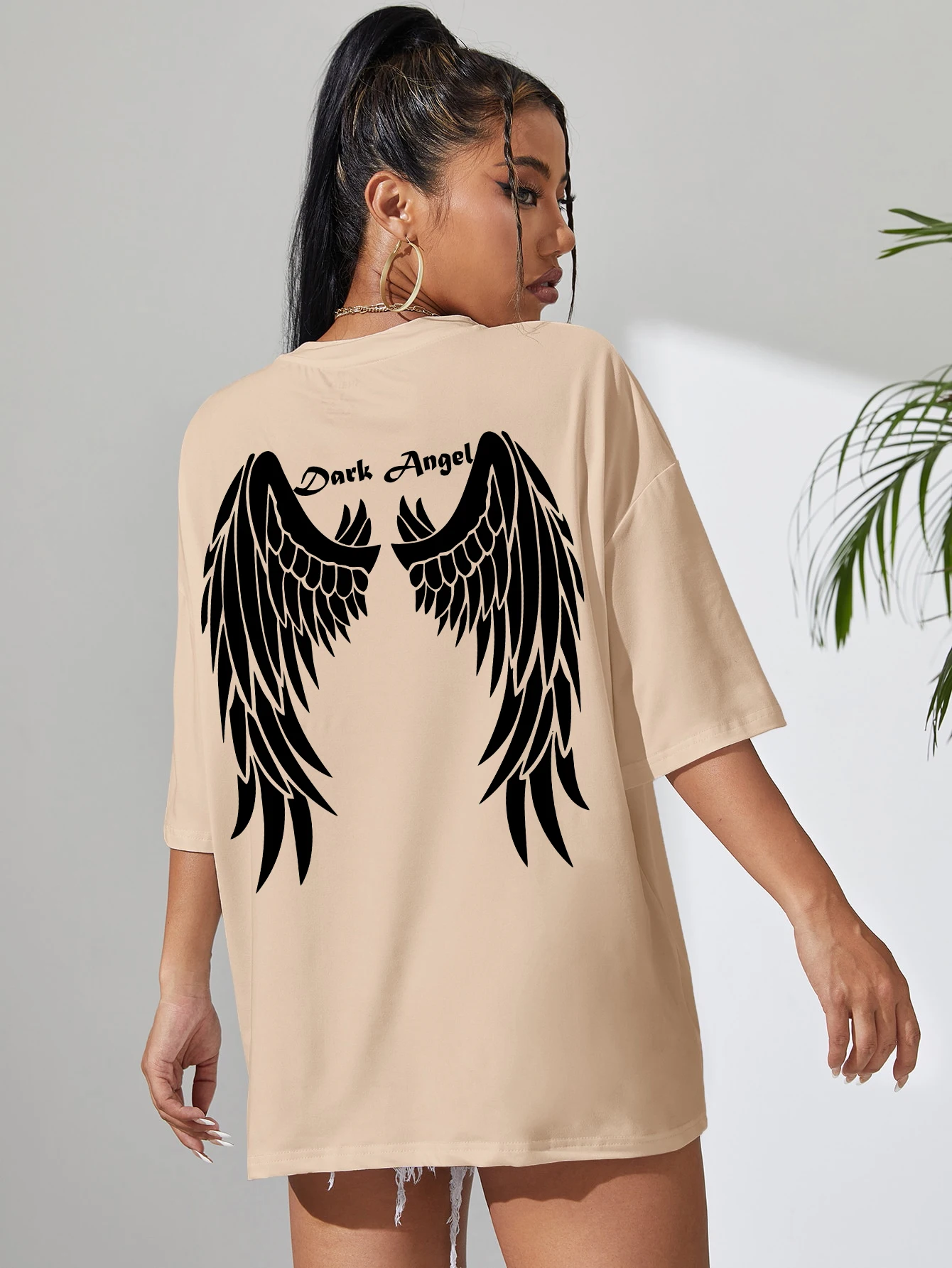 Dark Angel Wing Graphic Printed Oversized Cotton T-Shirt