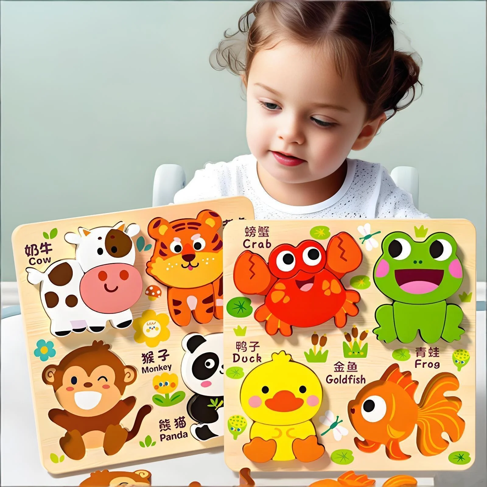 3D Cartoon Animal Shape Puzzle Montessori Wooden Animal Matching Board ...