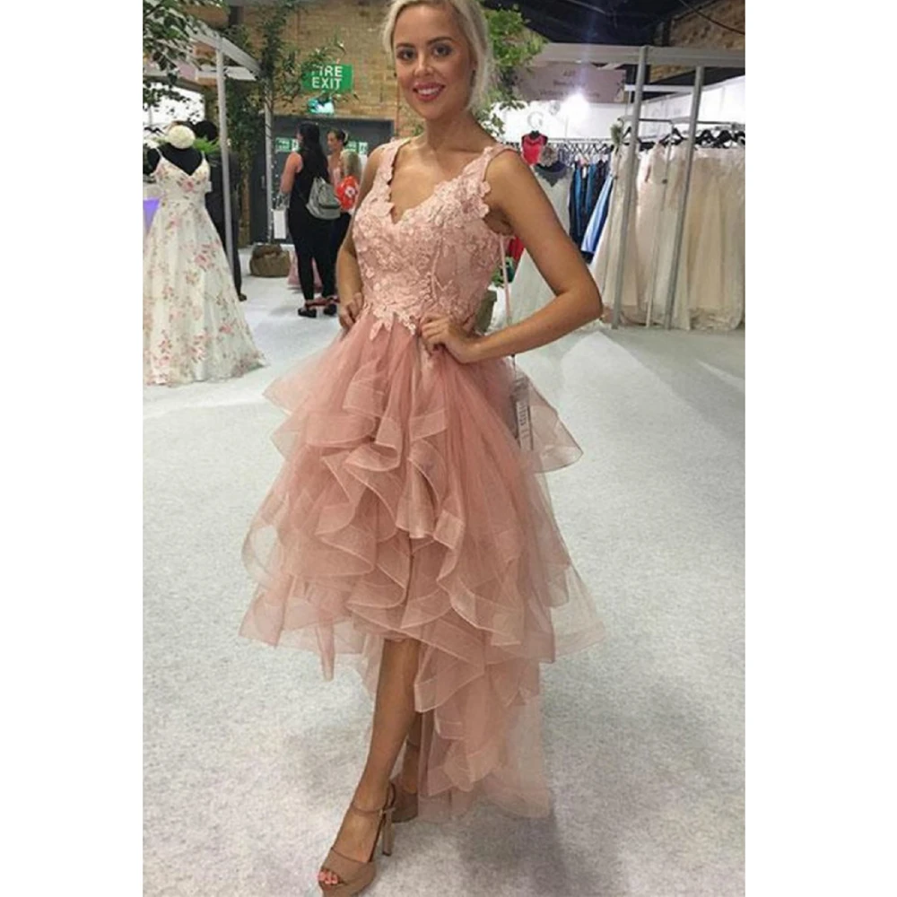 

Pink Tulle Evening Dresses For Women 2023 Sleeveless Tiered V Neck Appliques Wedding Prom Gowns Formal Occasion Robe De Soiree