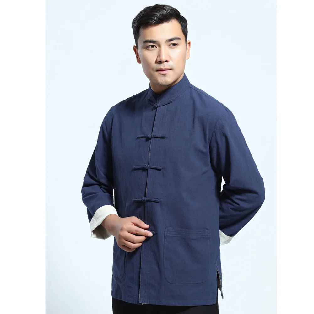 Mens Cotton Linen Long Sleeve Traditional Chinese Tang Suit Top Jacket