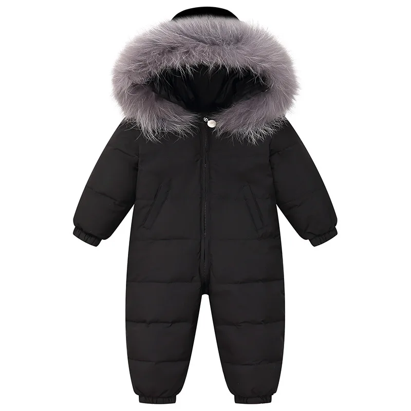 RAISE Winter Baby Boy Down Jumpsuit Real Raccoon Fur Hooded Baby Girl Snowsuit Toddler Boy Winter Romper Infant Overalls Outfits