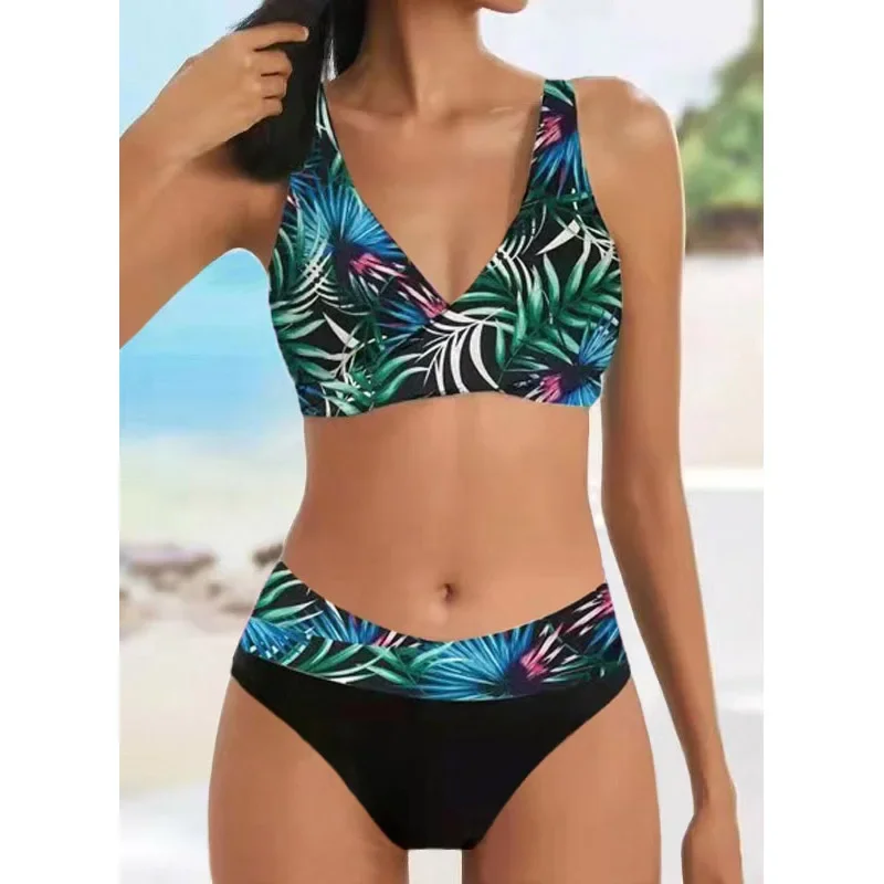 Bikini Swimsuit New Summer Beach Women's Bikini Two Piece Swimsuit Shining Diagonal Rod Print Holiday Lace Up Beach Swimsuit S-5XL