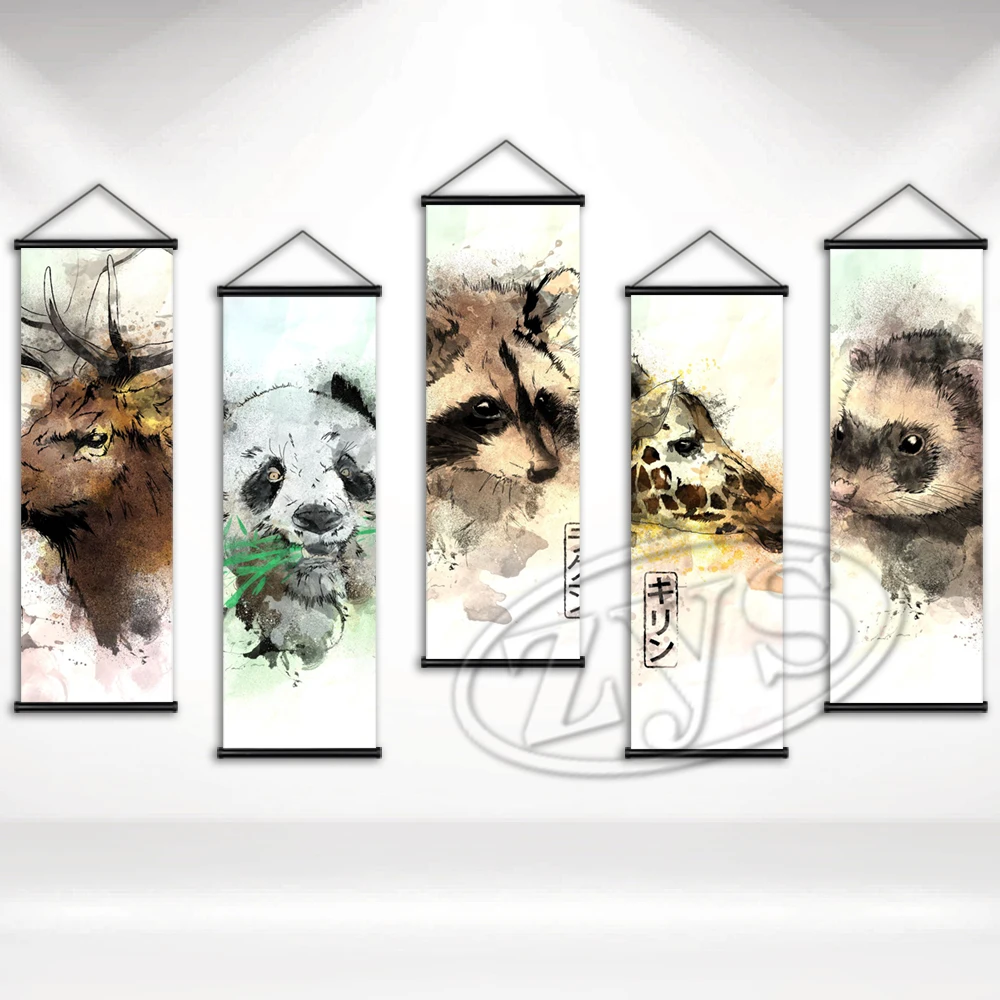 

HD Print Cute Animals Poster Canvas Watercolor Painting Hanging Scrolls Panda Mural Picture Home Decoration Wall Art For Bedroom