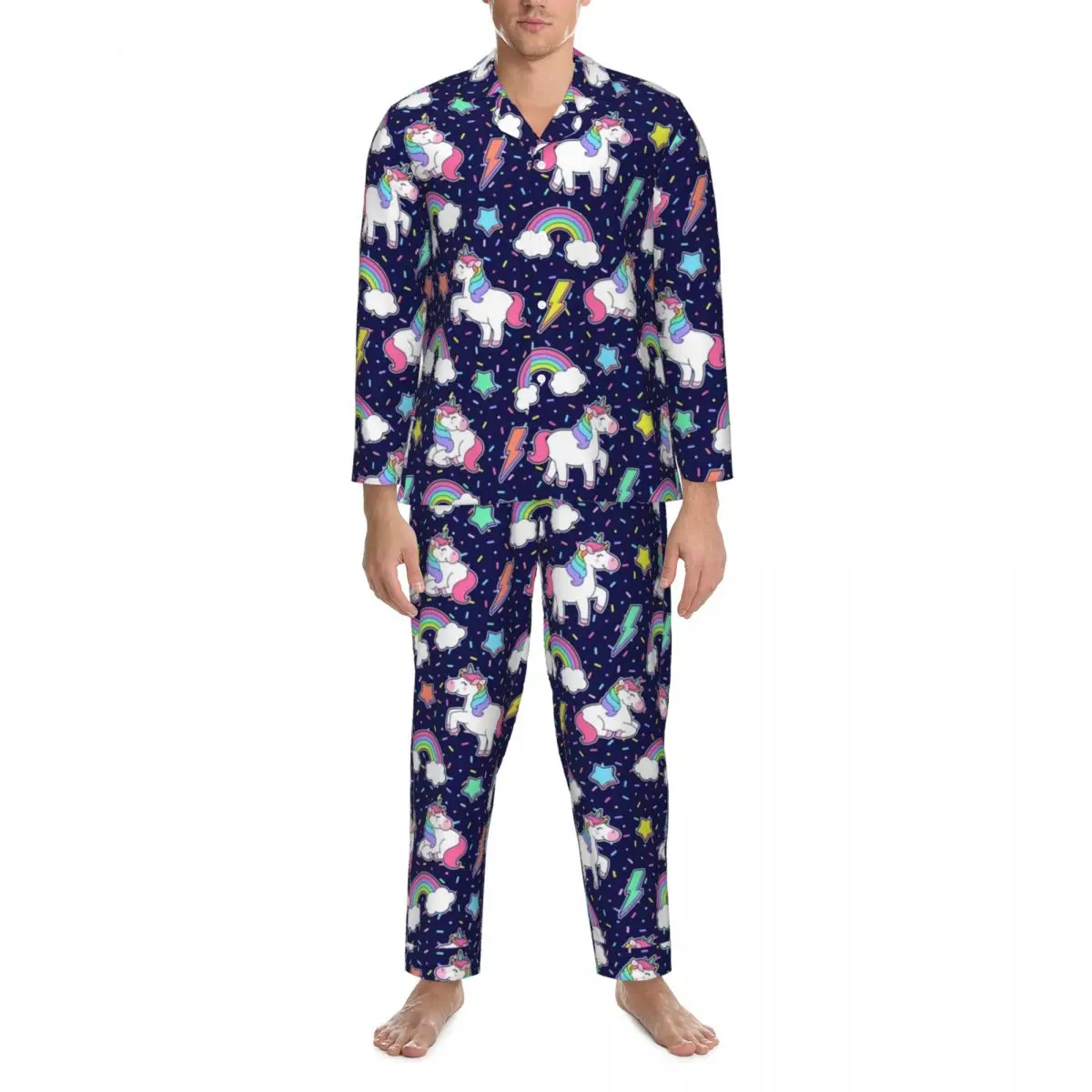

Fantastic Unicorn Pajama Set Cartoon Animal Print Comfortable Sleepwear Man Long Sleeves Casual Loose Daily 2 Pieces Nightwear