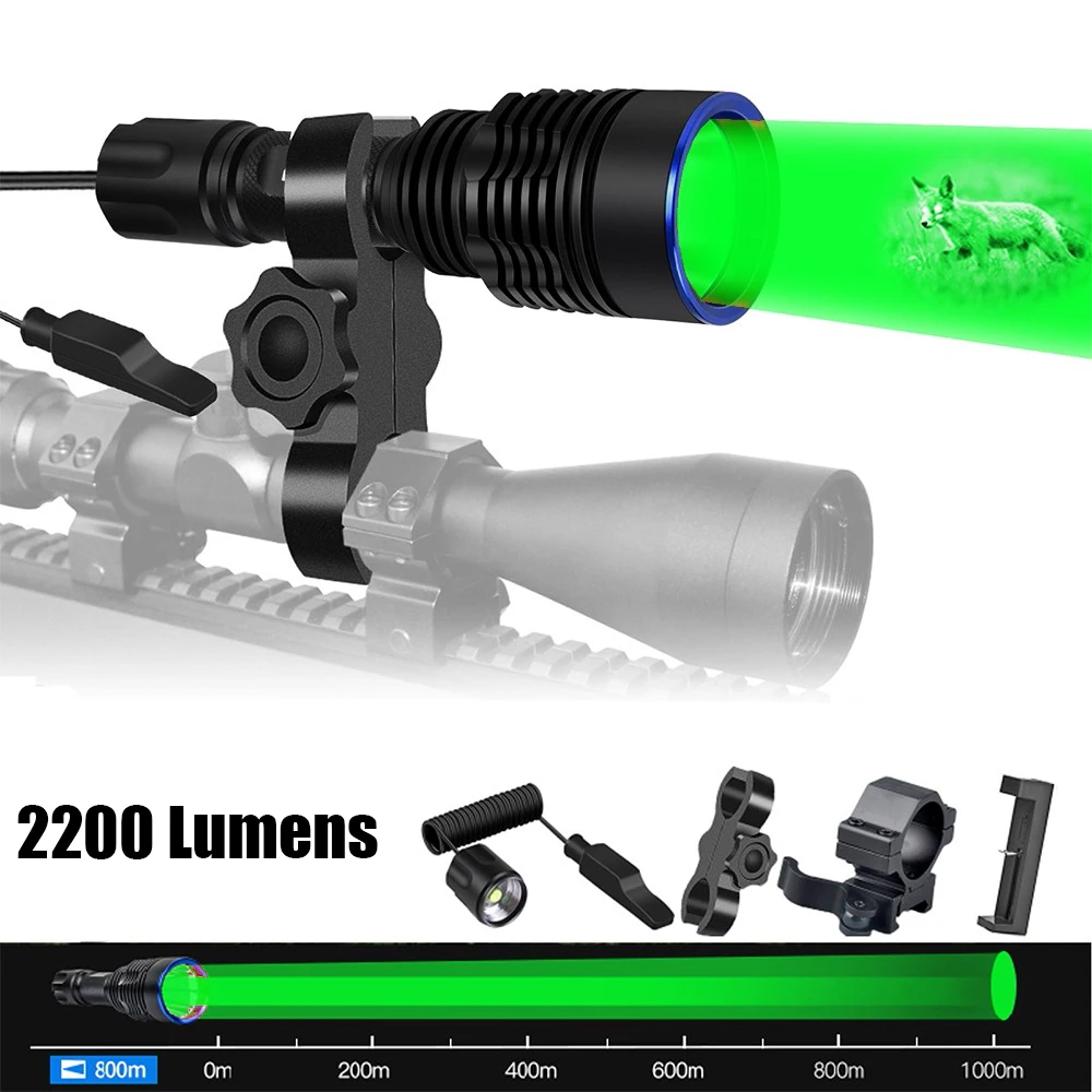 Tactical Flashlight 2200 Lumens Powerful Green Light Hunting Light Kit