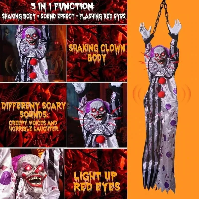 Frightening Sound-Activated Hanging Clown with Glowing Red Eyes