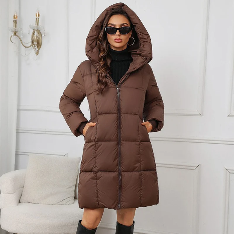 Winter Women's Long Coat Windproof Warm Padded-Cotton Coat Simple Loose Hooded Parkas Fashion Plaid Quilted Jackets for Woman