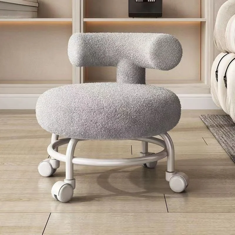 Lambskin Low Chair Household Round Stool Movable Shoe-changing Stool with Backrest and Wheels Small Pulley Low Stool Pratical