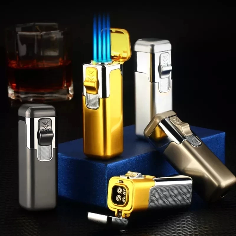 

Metal Jet Four Nozzles Cigar Cutter Lighter Windproof Torch Turbo Butane Refillable Gas Cigarettes Lighters Spray Gun Men Gift