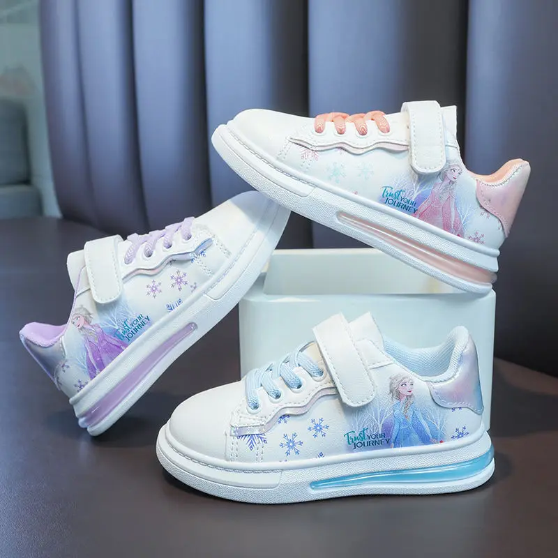 Disney-zapatos blancos para niña, zapatillas deportivas de cuero con dibujos animados de princesa Elsa, para Primavera, color azul y blanco, talla 26-37