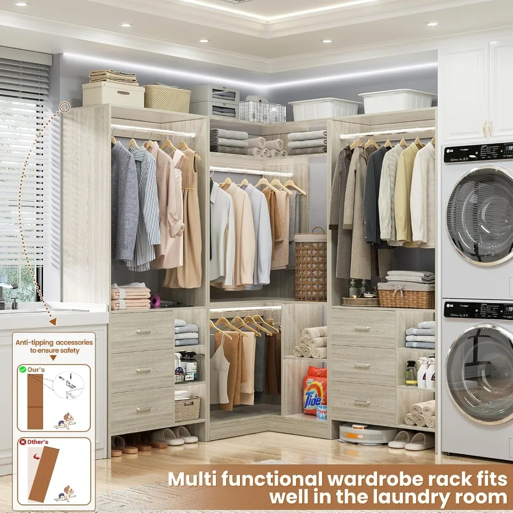 Closet System with 6 Drawers, 4 Hanging Rods & Corner Tower, Corner Closet System with Hanging,92.6" L-Shaped Walk-In, Wardrobes 5