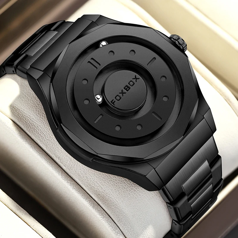 FOXBOX New Rolling Pointer Magnetic Force Waterproof Watch For Men Black Stainless Steel Sport Men Quartz Watches Reloj Hombre