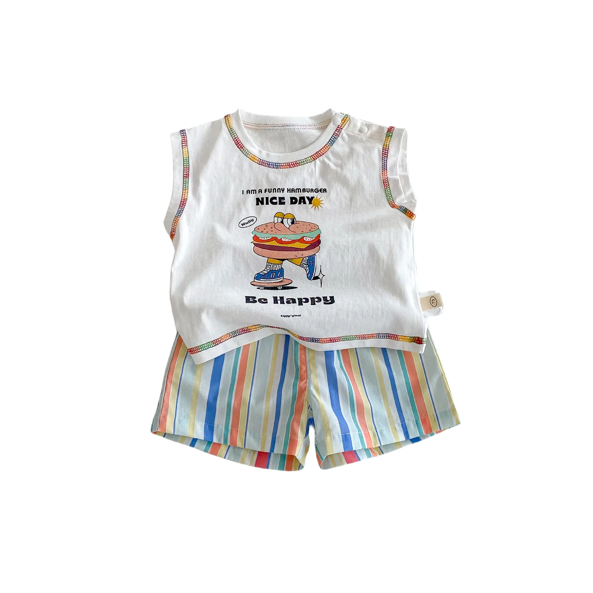 Children's Burger Tank Top 2025 New Summer Boys' Stylish Cartoon Printed T-shirt Baby Fashion Striped Shorts