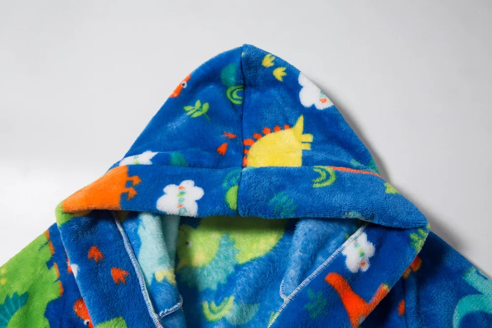 Kids Pajamas Set Hooded Dinosaur Printed Flannel Bathrobe Boys Astronaut Cartoon Soft Warm Long Sleeves