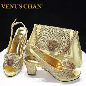 Venus Chan 2024 Italian Design Girly Style Golden Color Wedding Shoes And Bag Full Diamond Decoration Metal Closure Bags 1