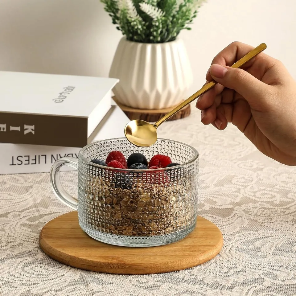 CAYOREPO 4-Piece Vintage Glass Coffee Mugs Set With Bamboo Lids & Spoons - 14 Oz Clear Cups For Iced Coffee & Tea