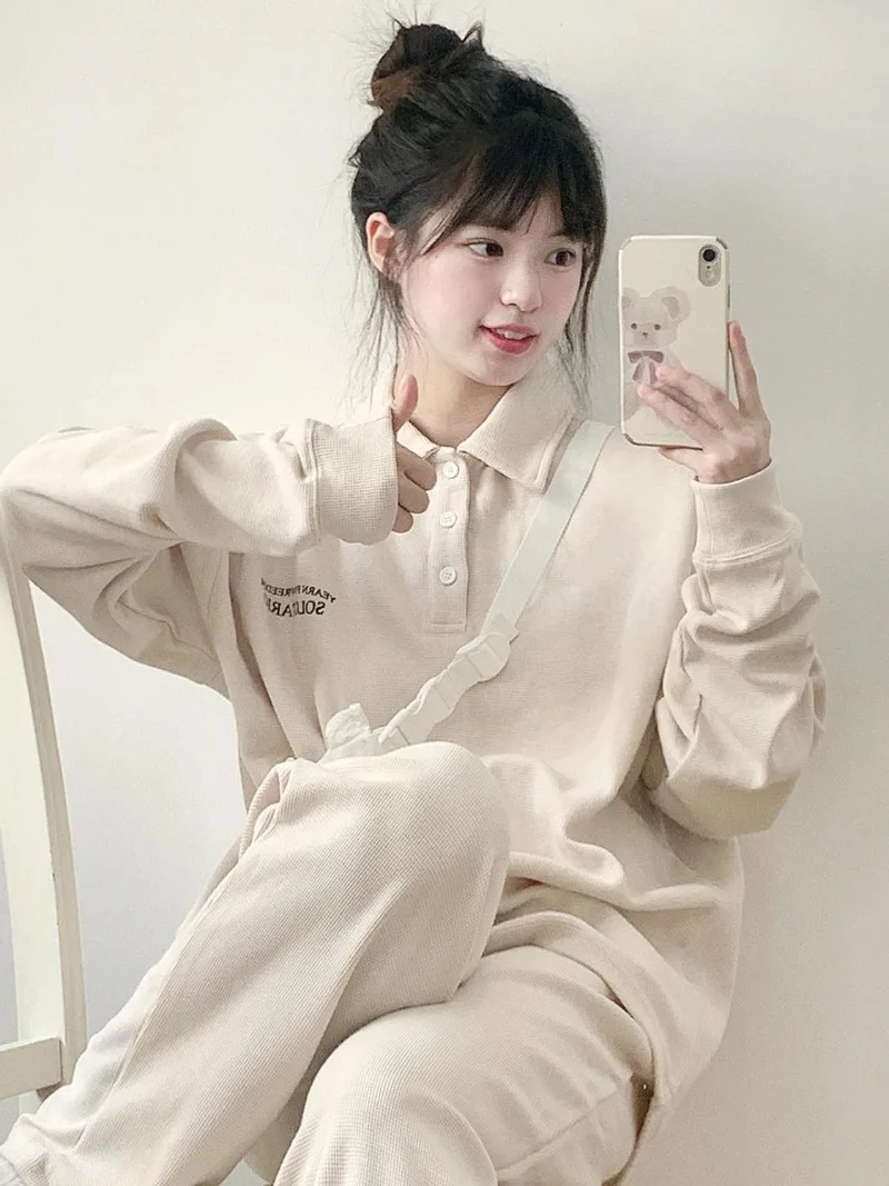 

Youth Sportswear Suit Women Solid Popo Neck Sweater Pants College Sweet Fresh Spring Autumn Casual Loose Ladies Two Piece Set