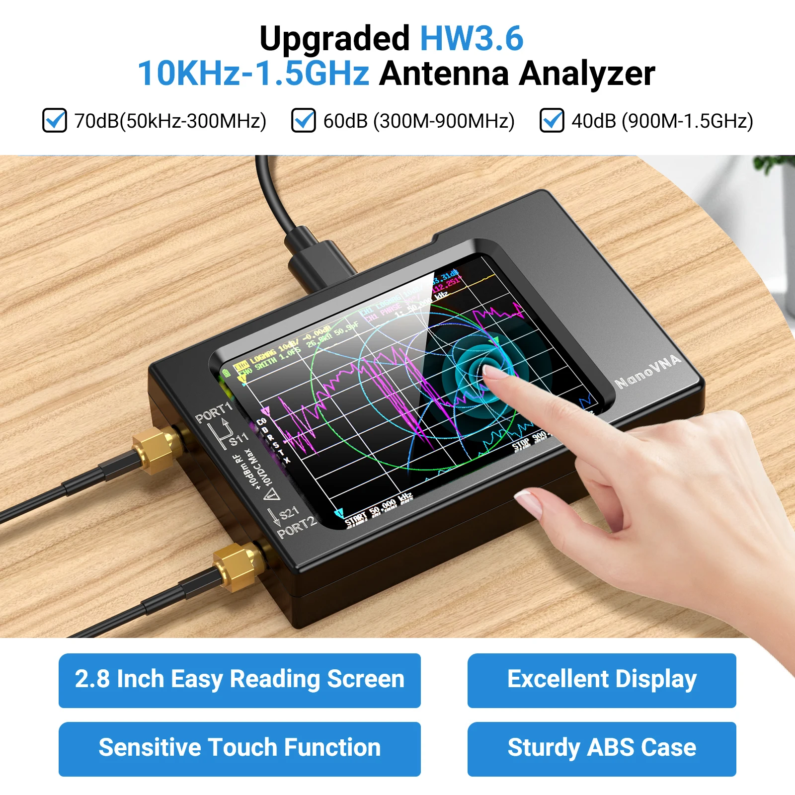 Network Antenna Analyzer, NanoVNA-H Vector10KHz-1.5G HzMF HF VHF UHF with Shell Voltage Standing Wave Ratio, Phase, Delay,Smith 4