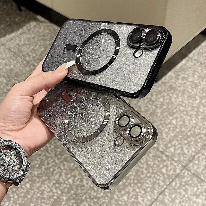 Custodia morbida magnetica per telefono con glitter di lusso per iPhone 16 15 14 13 12 11 Pro Max Plus, custodia antiurto con ricarica wireless_voghion.com