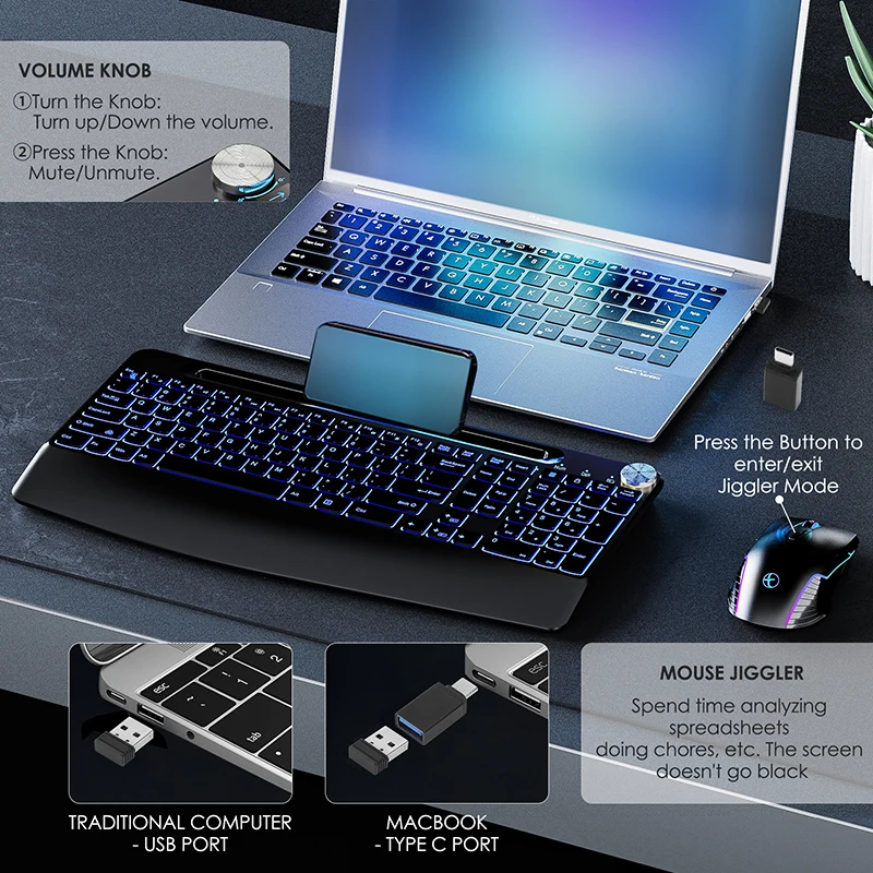 Ergonomic 2.4G Wirlss Rchargabl Kyboard St For Laptop With Color Backlit Phon Holdr Wrist Rst And Jigglr_voghion.com